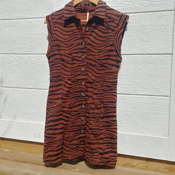 Free People animal print brown black tiger stripe mini dress button down Small - Picture 8 of 16
